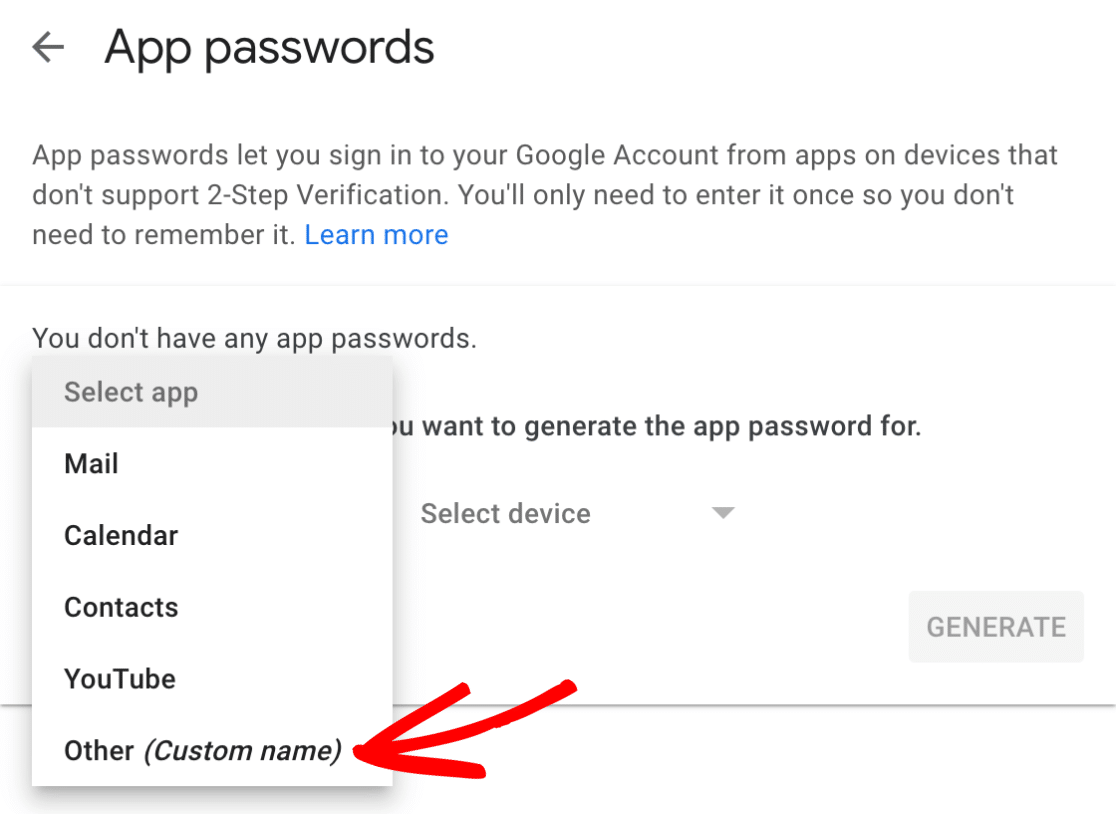 Selecting the Other (Custom name) option to create an app password in Google