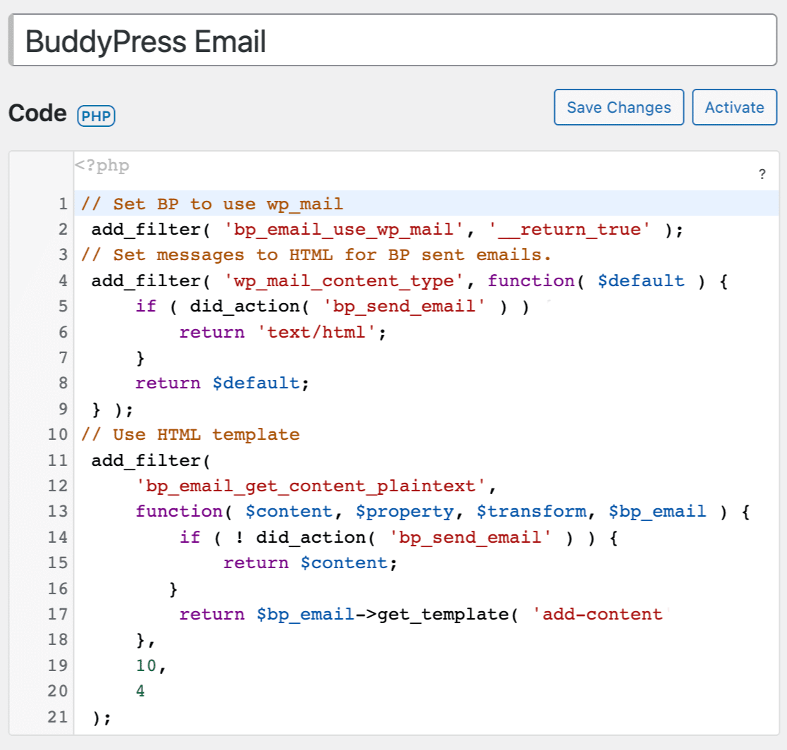 Adding the code to send BuddyPress emails using wp_mail() in the Code Snippets plugin