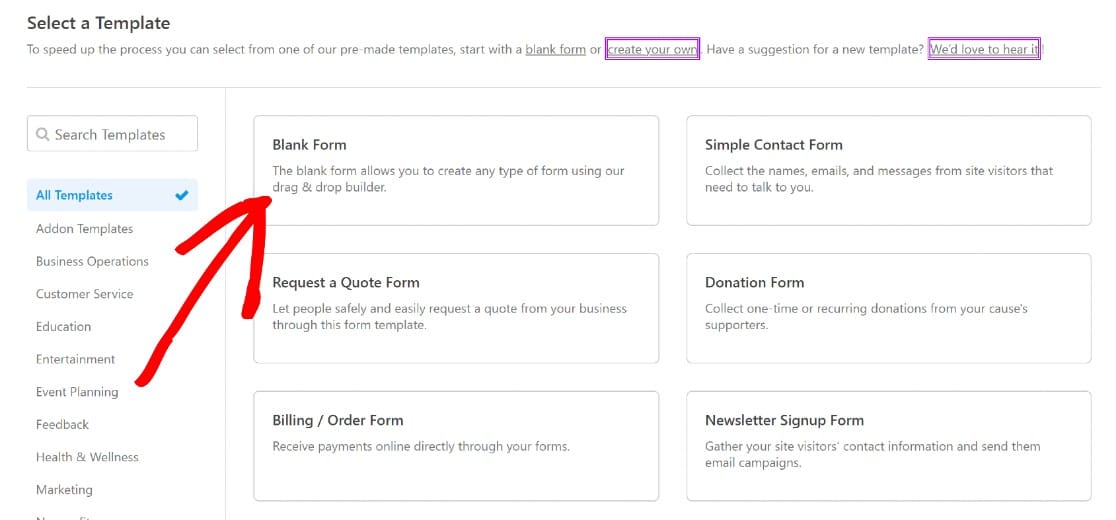 WPForms Blank Form template