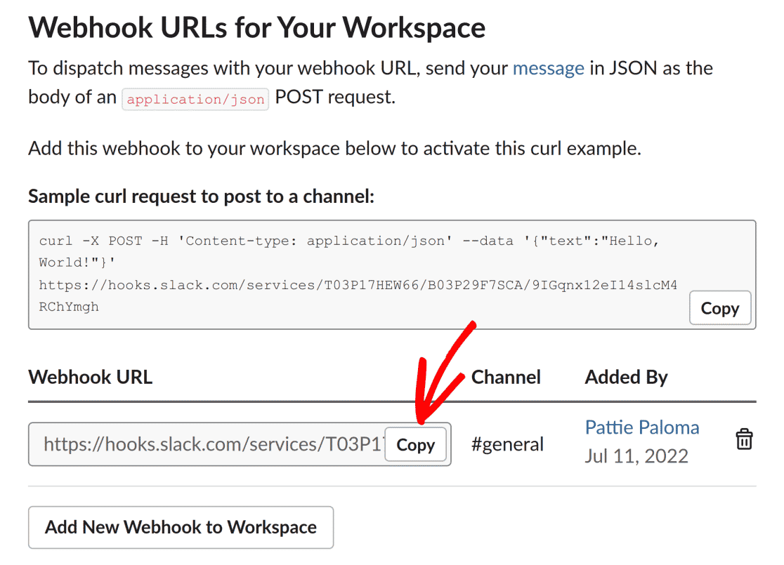 Copy Slack webhook URL