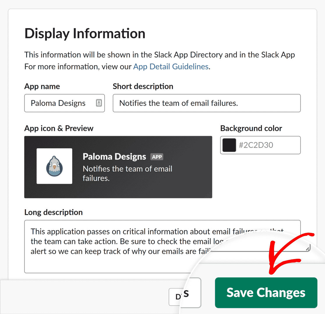Save Changes to your Slack app