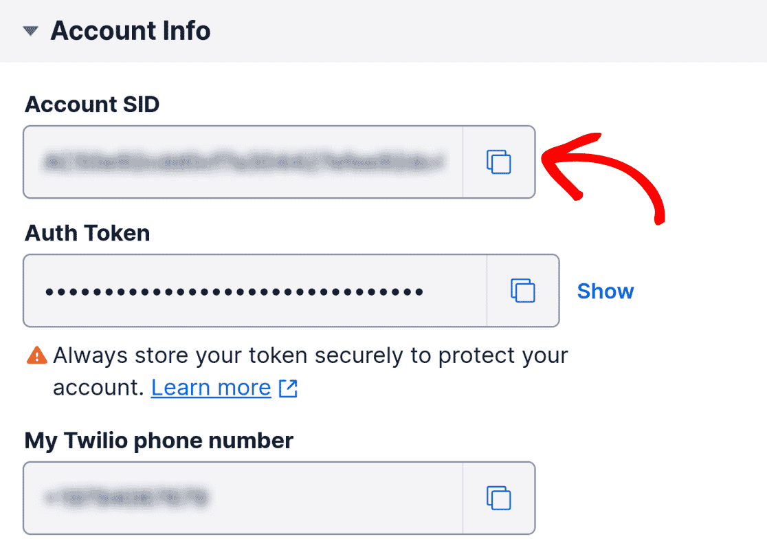 Copy Twilio Account SID