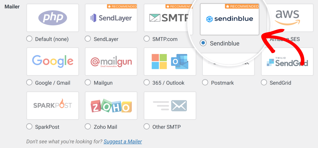 Selecting the Sendinblue mailer from the WP Mail SMTP settings