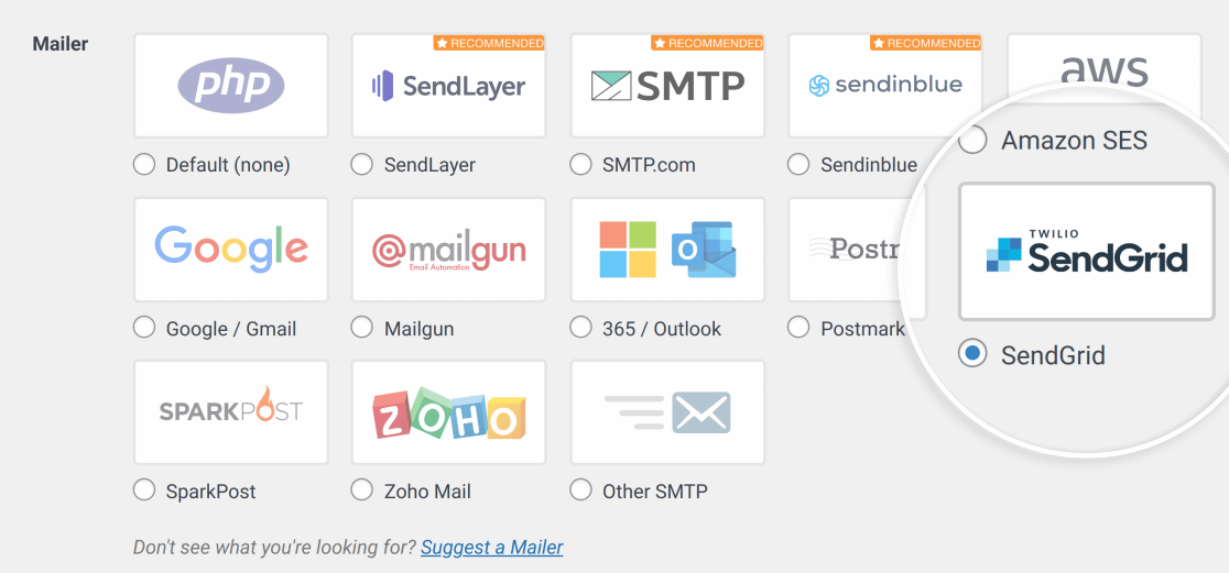 Selecting the SendGrid mailer