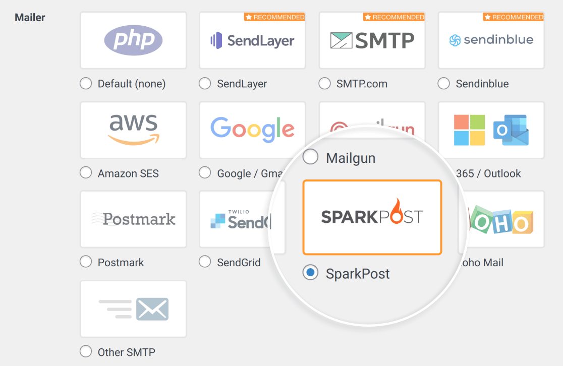 Selecting the SparkPost mailer in the WP Mail SMTP settings