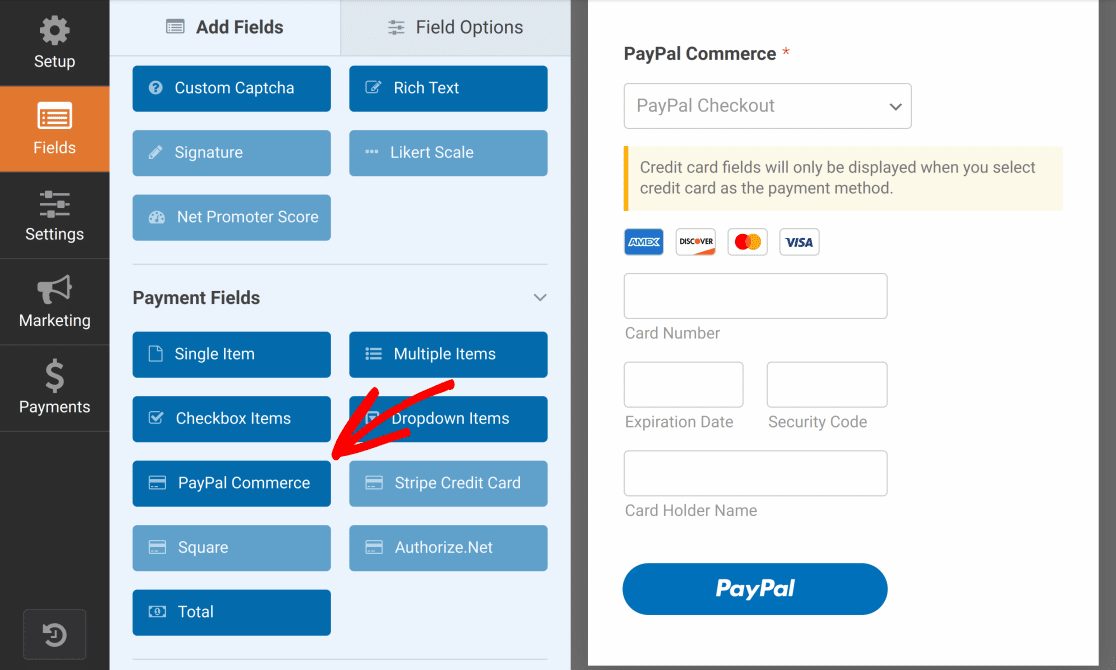 wpforms paypal commerce field