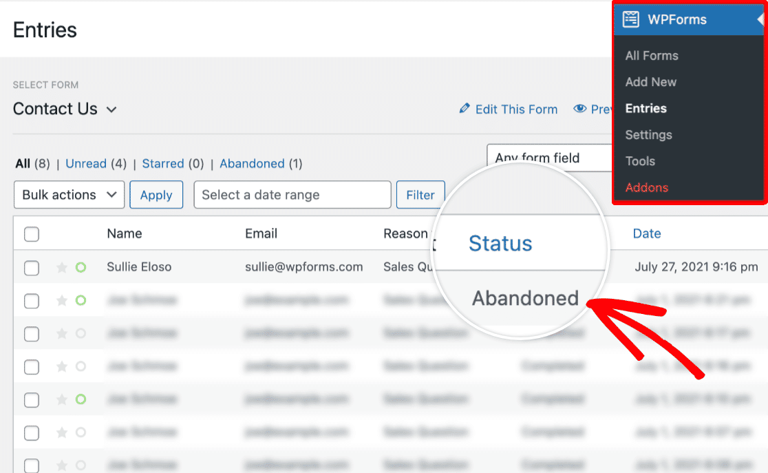 viewing abandoned form entries