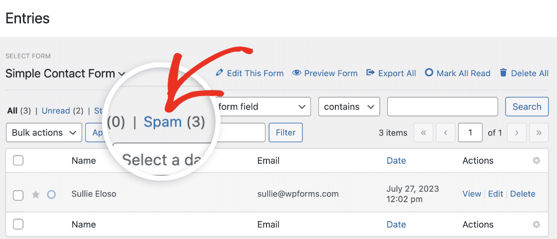 Entry with spam status in WPForms