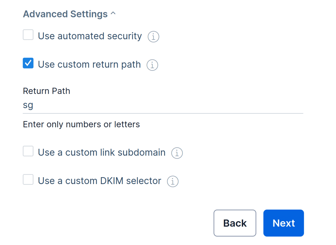 SendGrid's domain authentication advanced settings