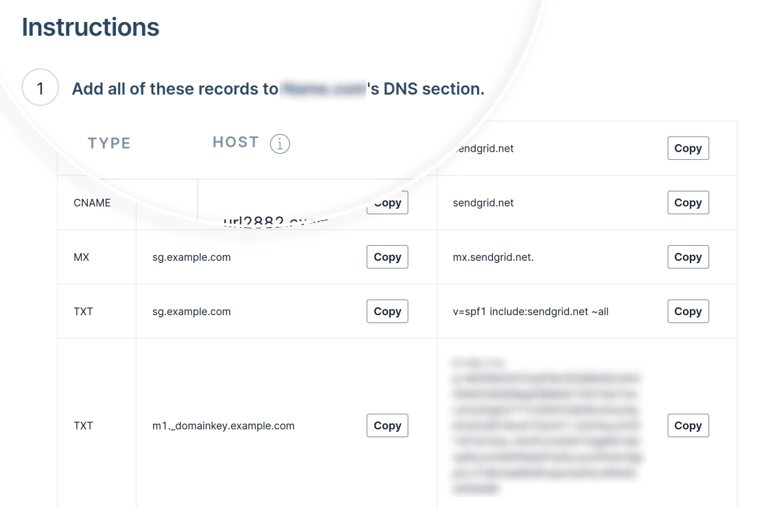 DNS records to add to your domain's settings to authenticate it in SendGrid