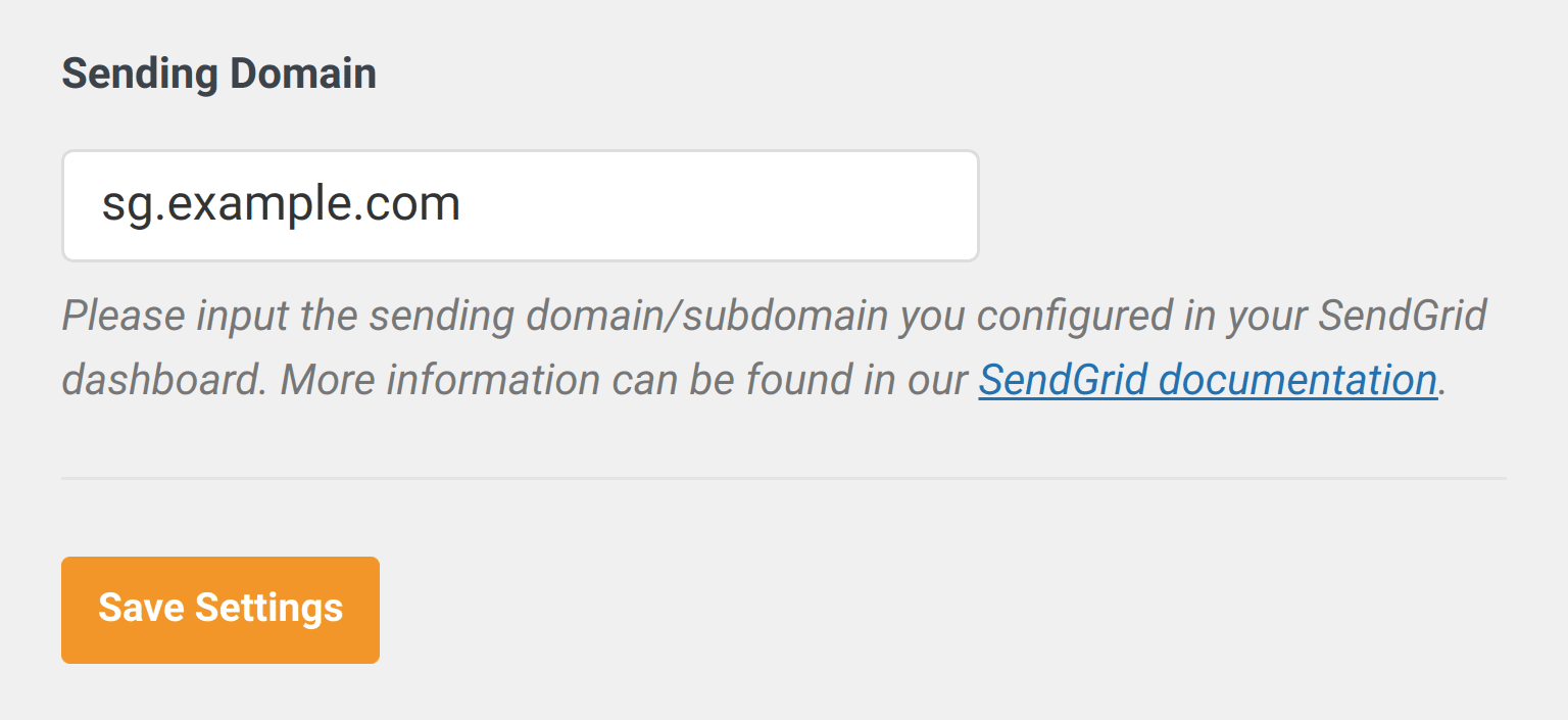 Entering the sending domain for SendGrid in the WP Mail SMTP plugin settings