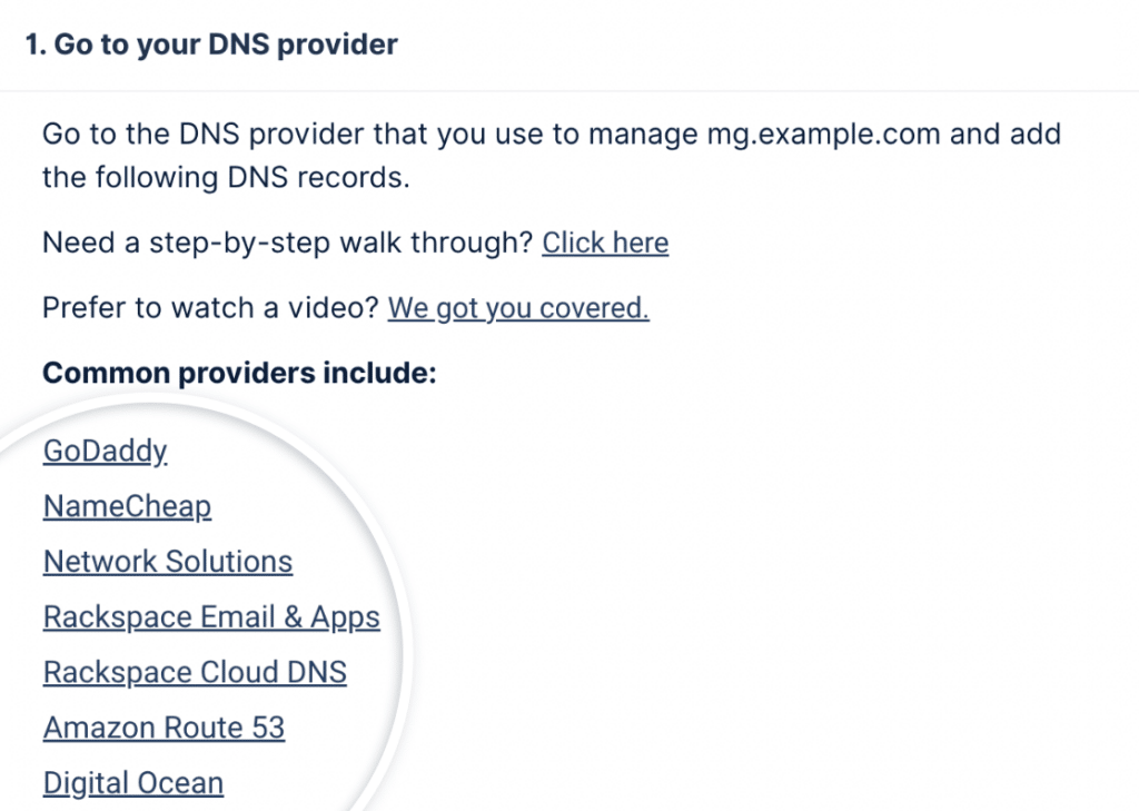 Mailgun's DNS provider links