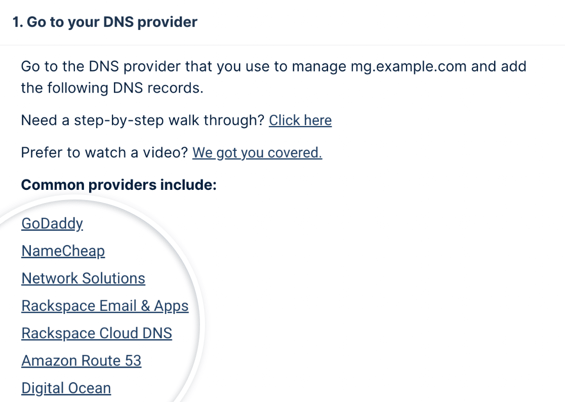 Link to DNS settings for Common providers