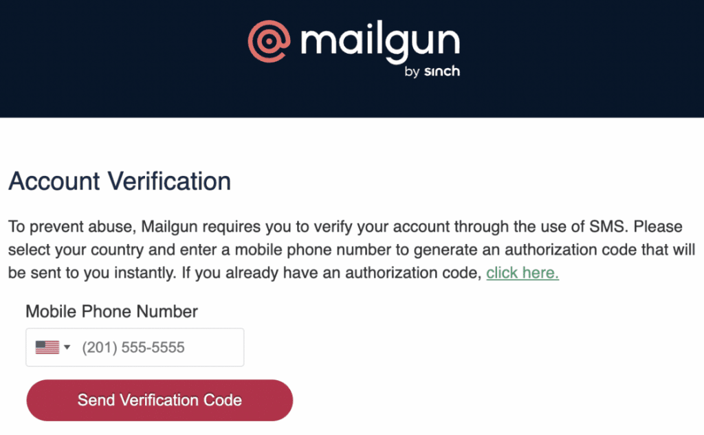 Mailgun phone number verification screen