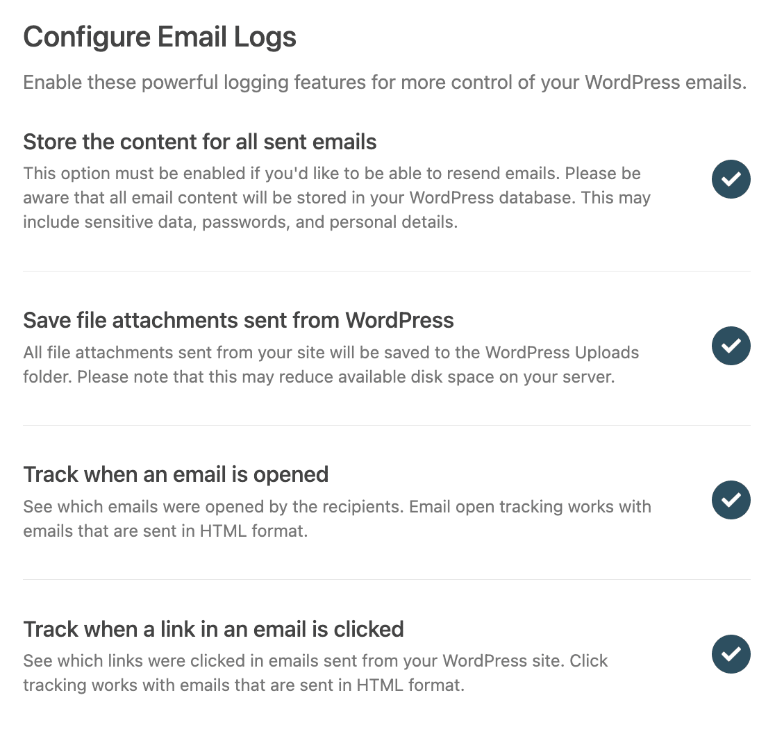 Email log additional settings in the Setup Wizard