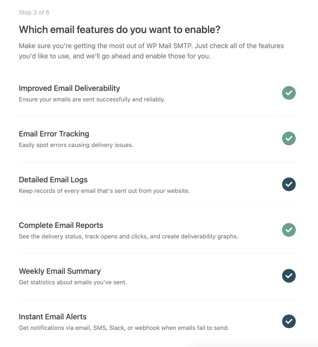 Select which email features you want to enable