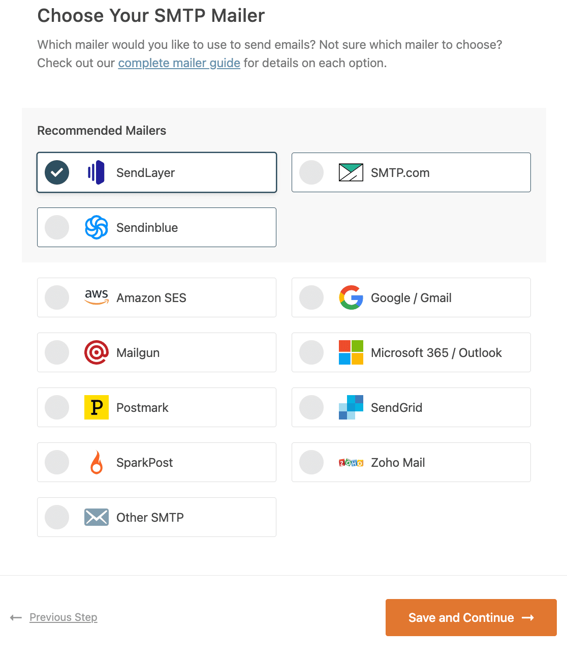 Choosing a mailer in the WP Mail SMTP setup wizard
