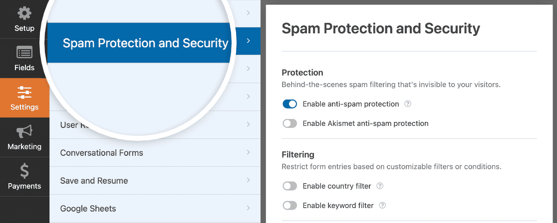 Spam protection security settings