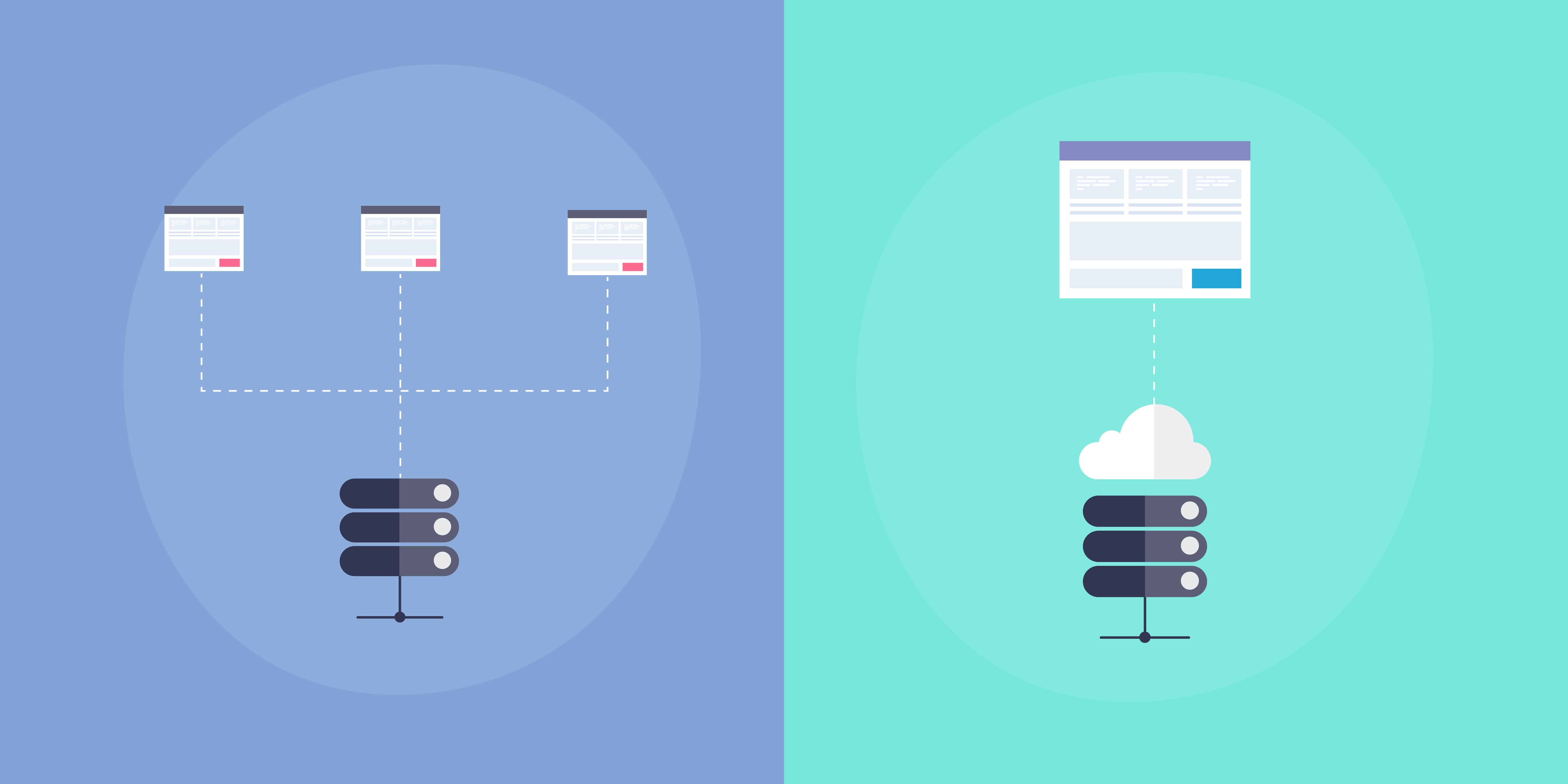 Illustration showing shared server hosting and cloud hosting ser