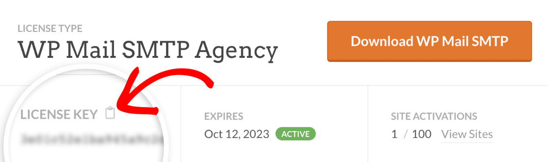 Copying your WP Mail SMTP license key from your account dashboard