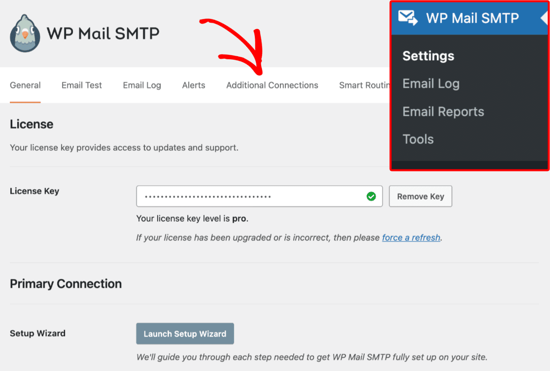 Opening the Additional Connections settings in WP Mail SMTP
