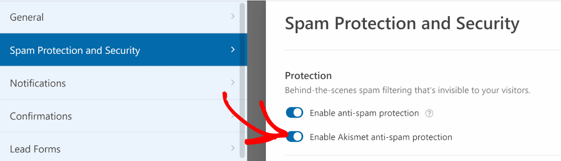 Turning on Akismet in WPForms