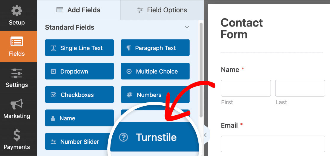 The Turnstile field will appear in the Standard Fields section of the form builder