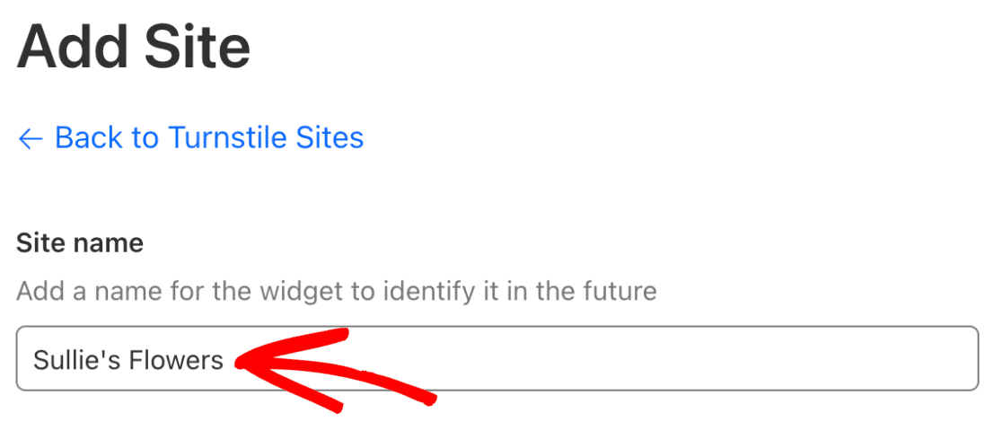Entering a site name on Cloudflare Turnstile