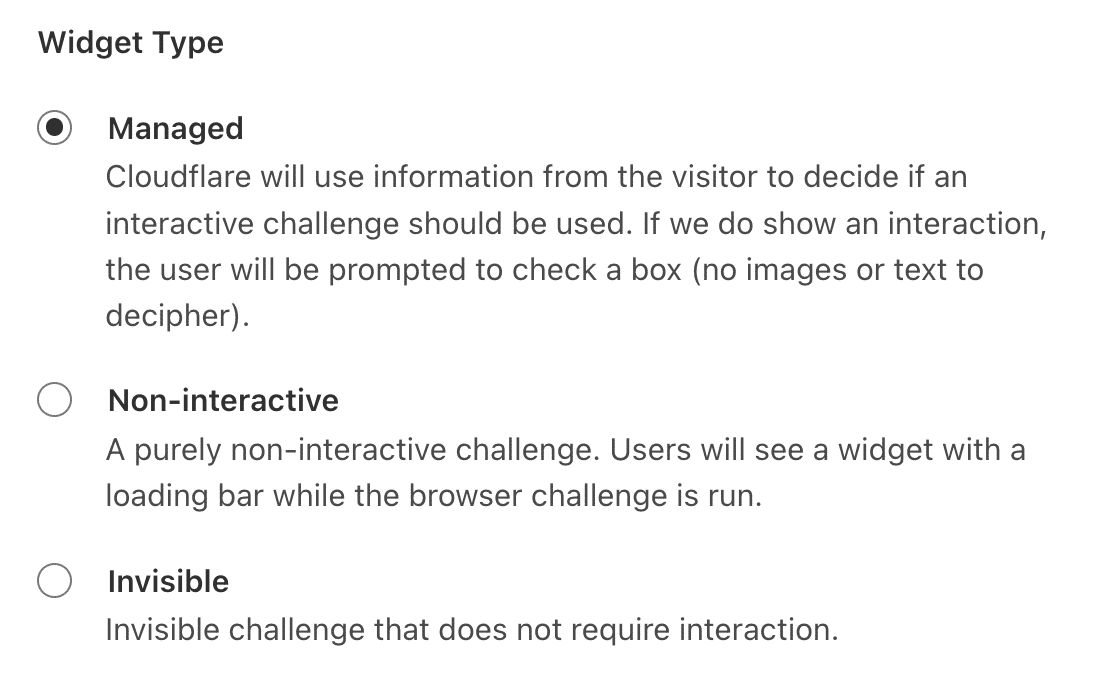 Selecting widget type options in Cloudflare Turnstile