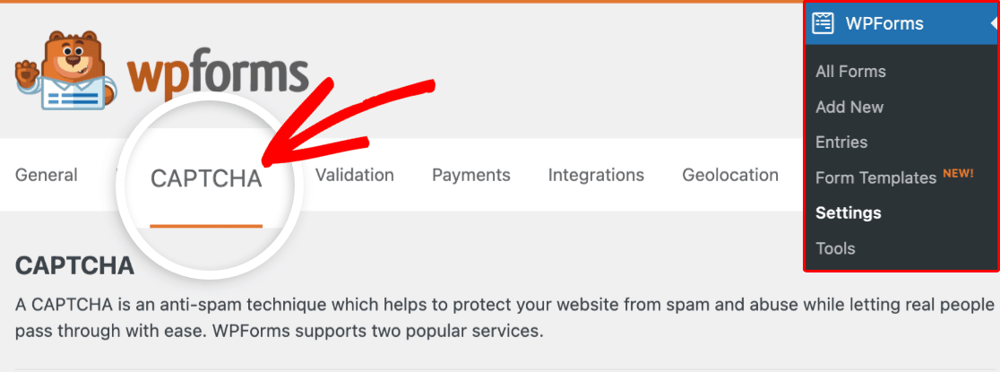 Navigating to the CAPTCHA settings in WPForms
