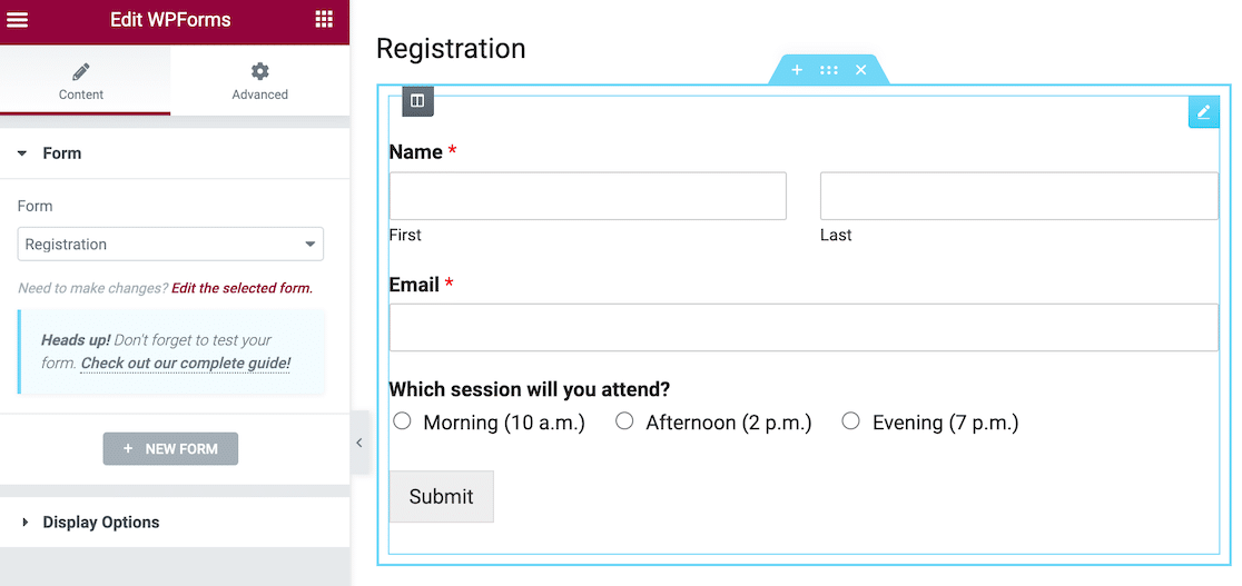 The embedded form in Elementor's WPForms widget