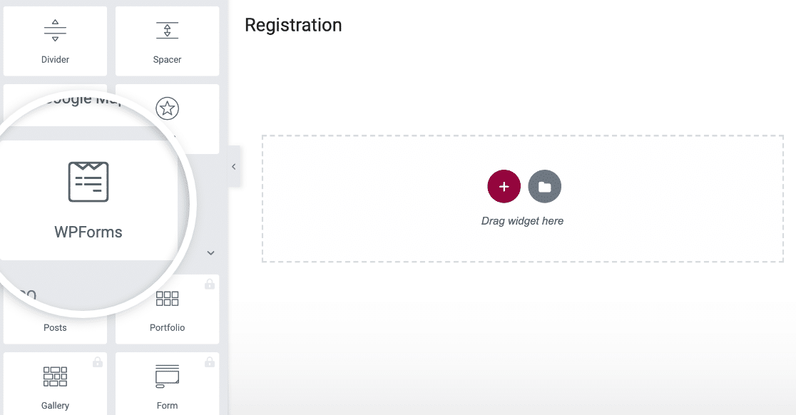 Locating the WPForms icon in Elementor