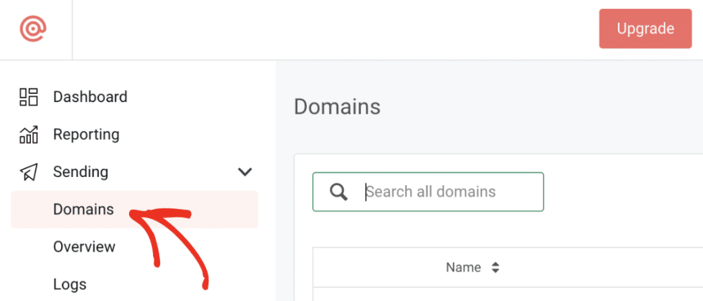 The Sending Domains menu in Mailgun