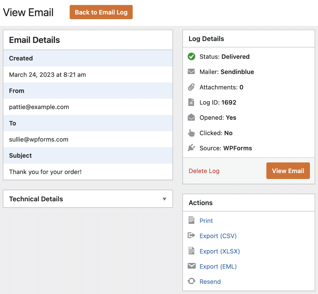 View individual email log