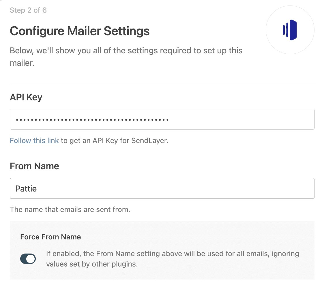 SendLayer mailer settings in the WP Mail SMTP Setup Wizard