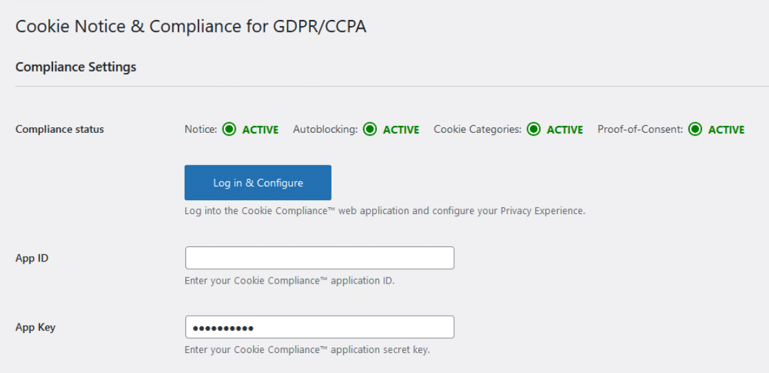 Cookie Notice compliance settings menu