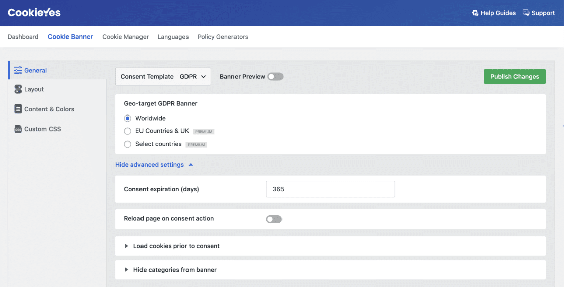 CookieYes banner appearance and general settings