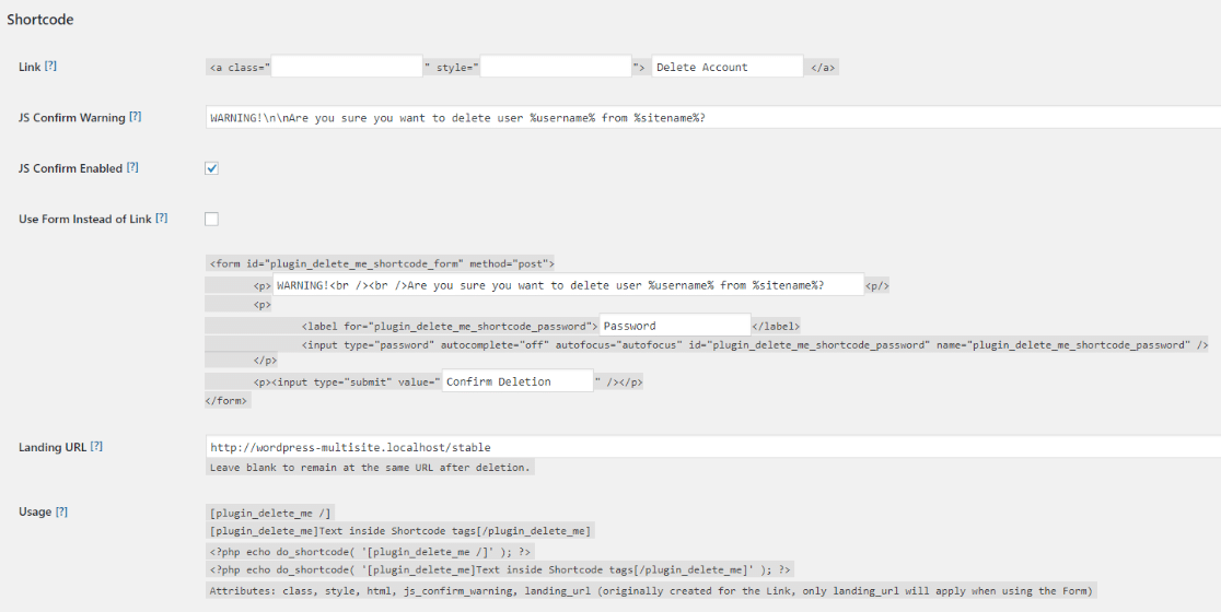 Delete Me shortcode settings