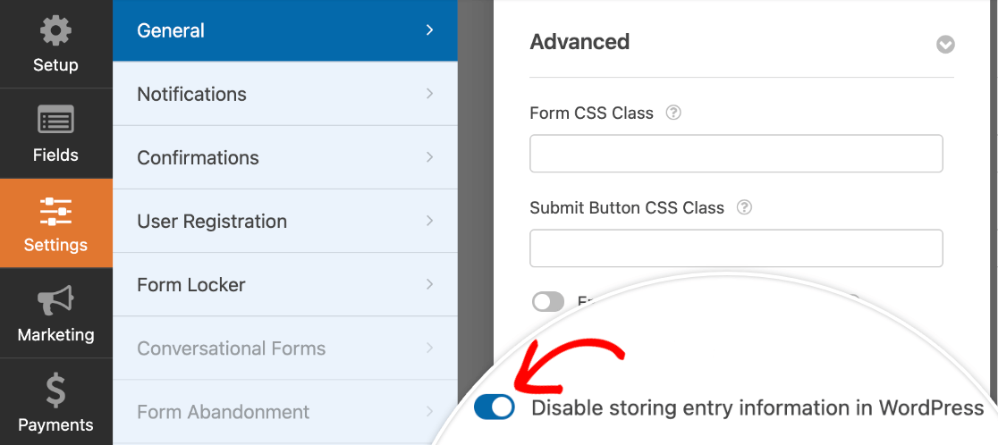 Disable storing entry information WPForms