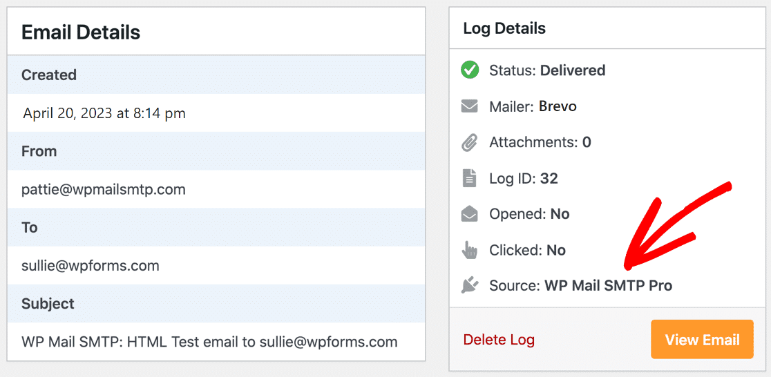 Email log source WP Mail SMTP