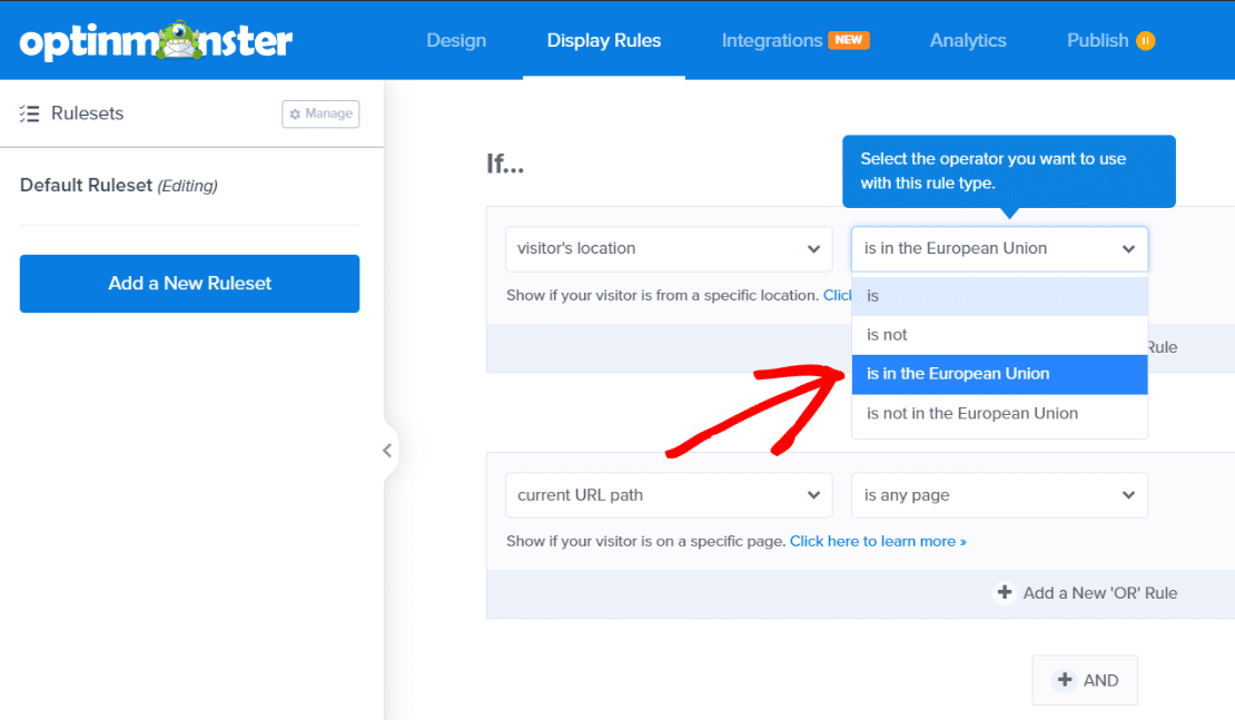 Physical location ruleset OptinMonster