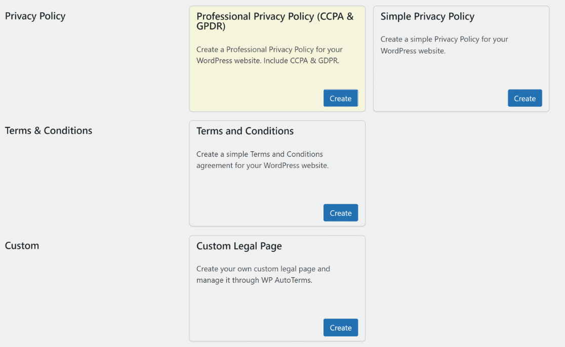 WP AutoTerms create legal pages