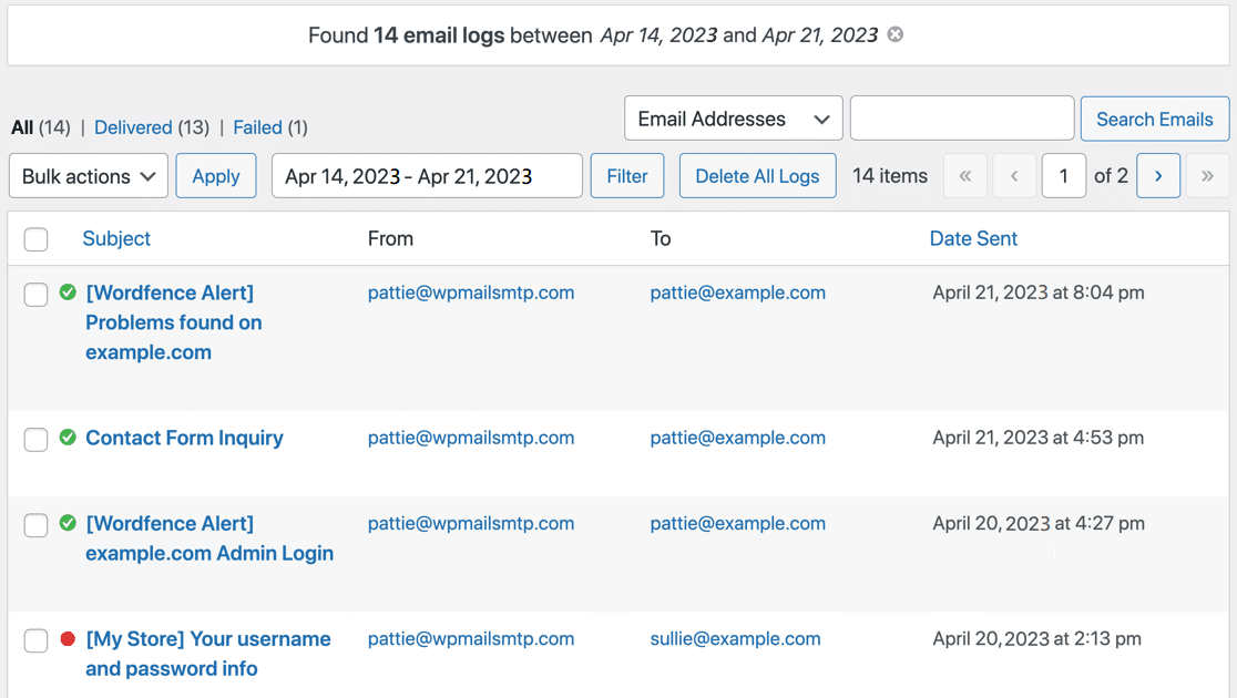 WordPress email log date filtered