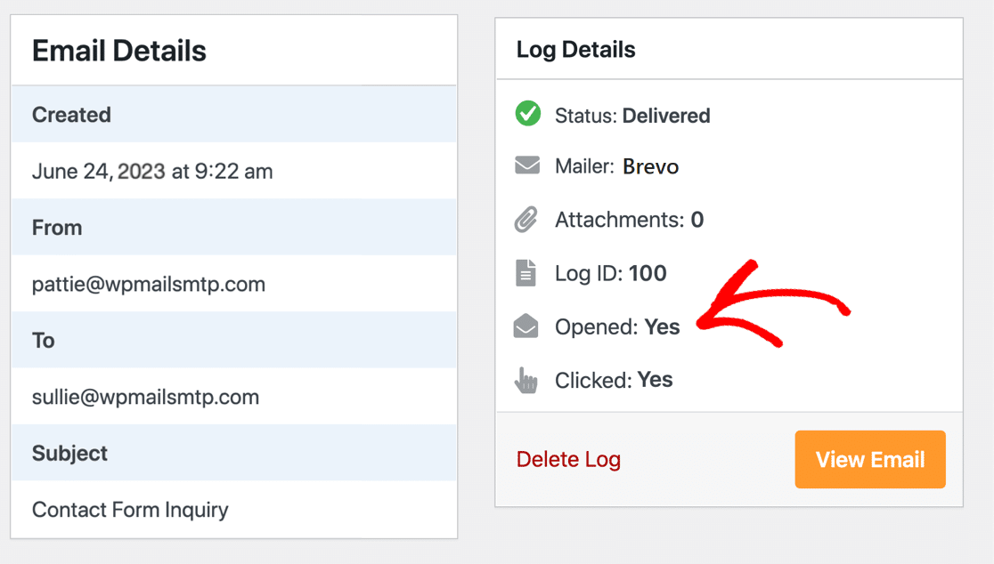 WordPress email log opened and clicked