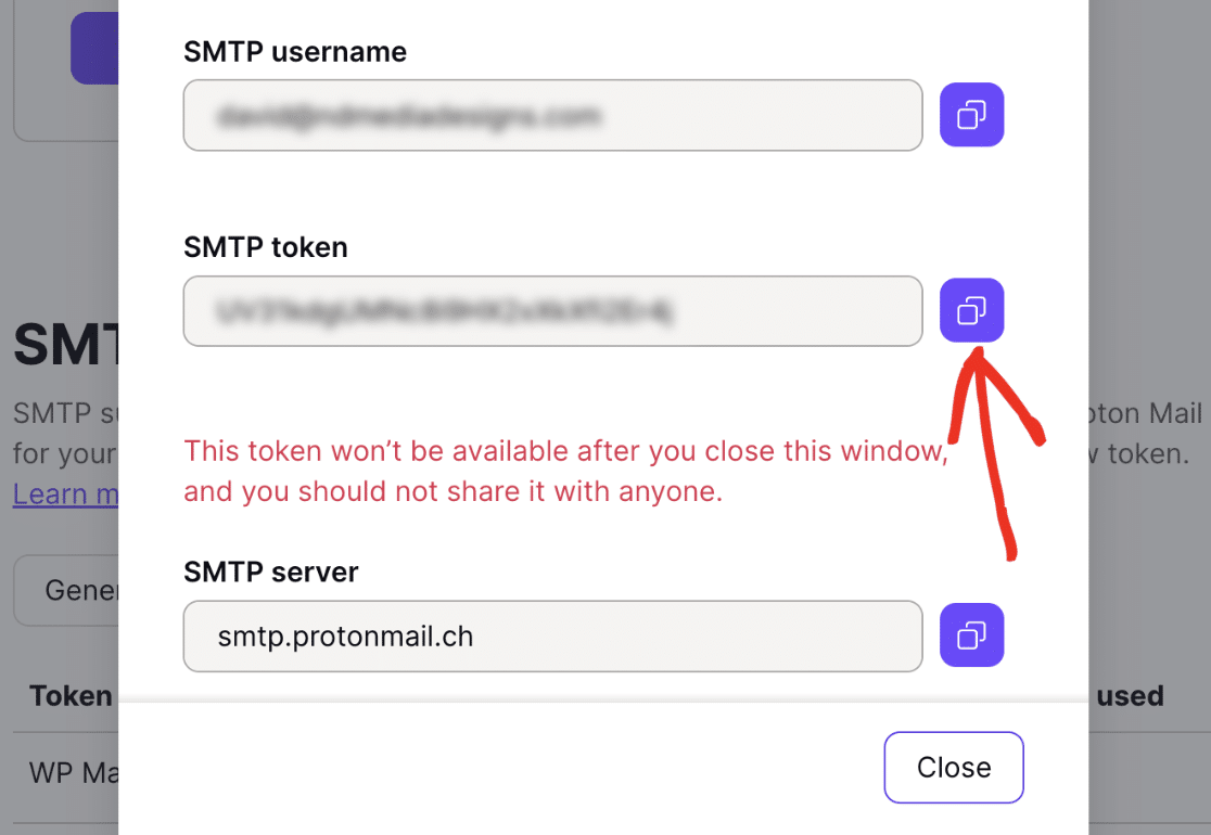 Copy SMTP token value