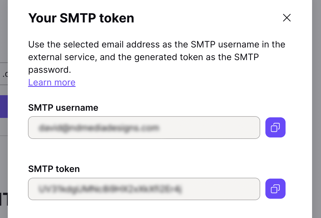 Copy your SMTP token details