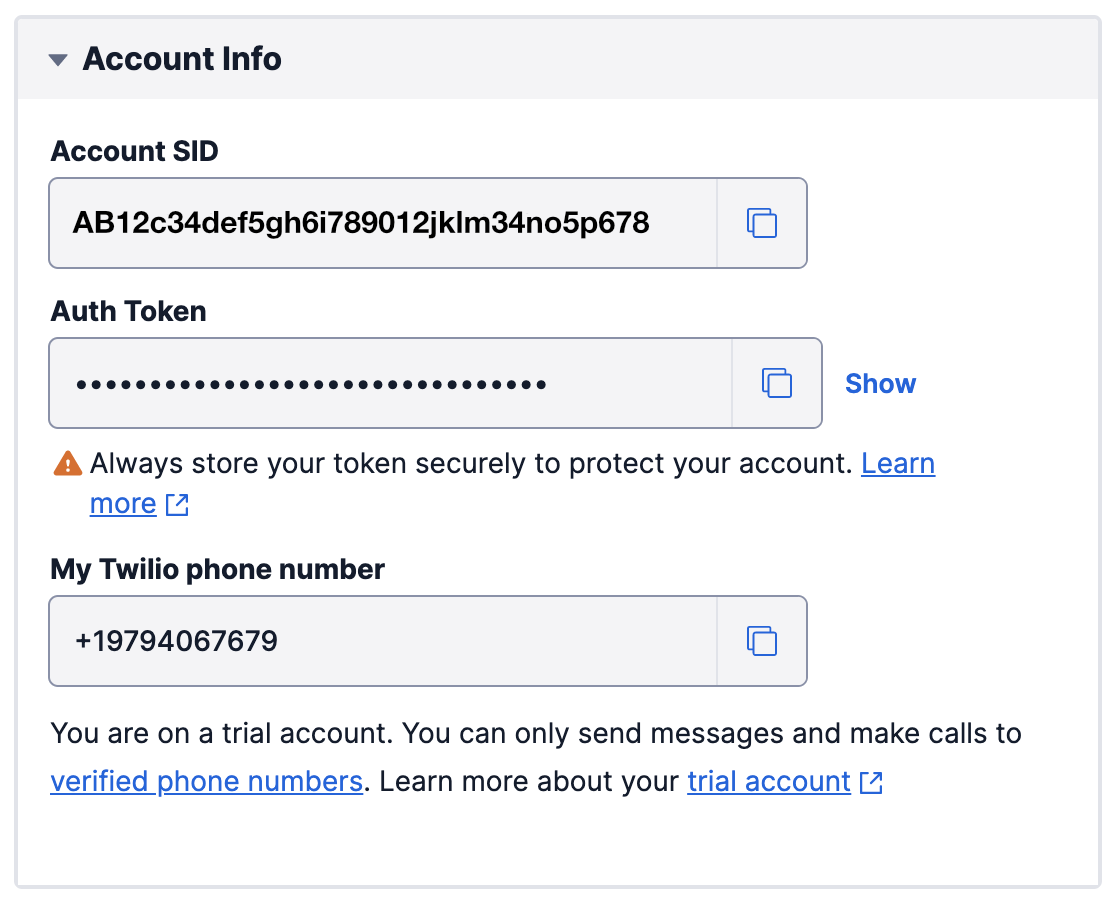 Account sid and auth token Twilio