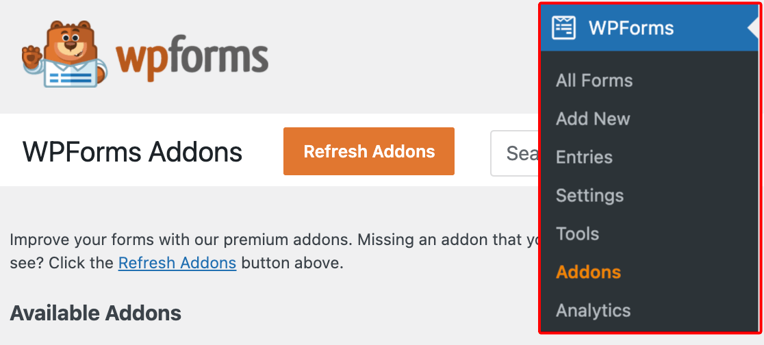 Addons screen WPForms