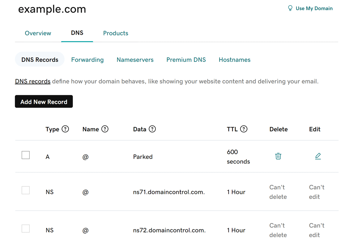 DNS records in GoDaddy