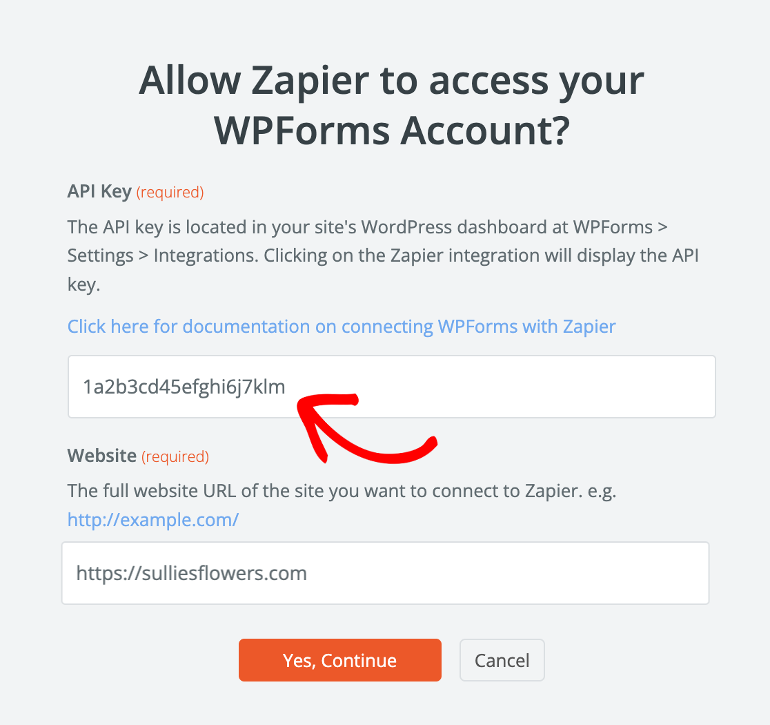 Enter api key Zapier